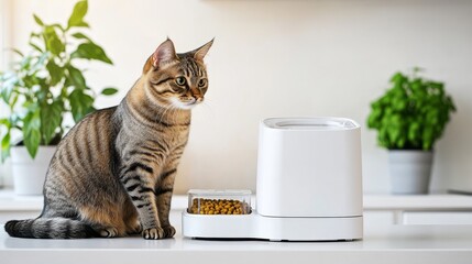 Tabby Cat Observing Smart Cat Feeder Composition of a cat and automatic feeder, cat food in a bowl. White background, kitchen setting. Smart Cat Feeder, Automatic Pet Feeder