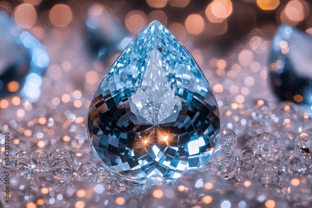 Leinwandbilder sparkling blue crystal teardrop reflecting light in a blurred background with soft bokeh effect