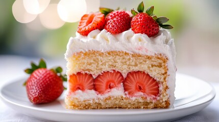 Strawberry Shortcake Slice Whipped Cream, Sponge Cake, Strawberry Filling, Close-up Photography, Dessert, Food Photography Strawberry, Cake