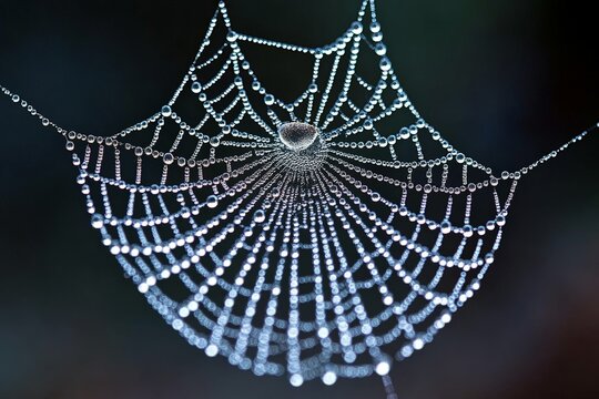 Delicate spider web adorned with water droplets glistens in morning light in a tranquil outdoor setting - Powered by Adobe