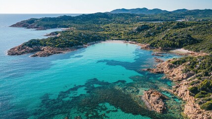 Fototapeta premium Scenic aerial view of turquoise water surrounding rocky shoreline and lush vegetation in tranquil coastal landscape
