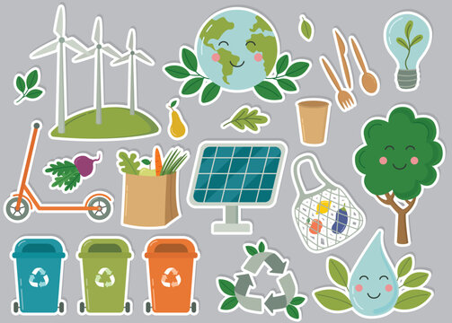 Set of environmental concept stickers. Eco friendly illustrations isolated on gray background