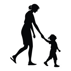 Mother and Child Walking Hand in Hand Vector Silhouette. Mothers day silhouette.