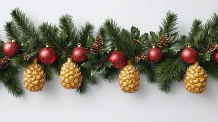 Christmas Garland with Golden and Red Ornaments on White Background