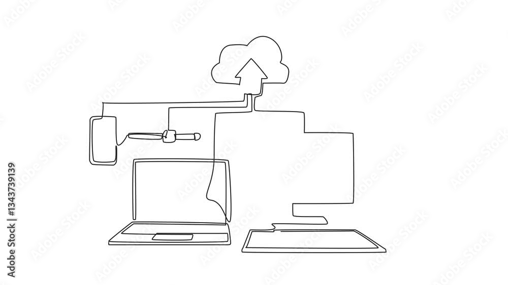 Poster self drawing animation of continuous one line drawing some gadget devices upload data to the cloud. 