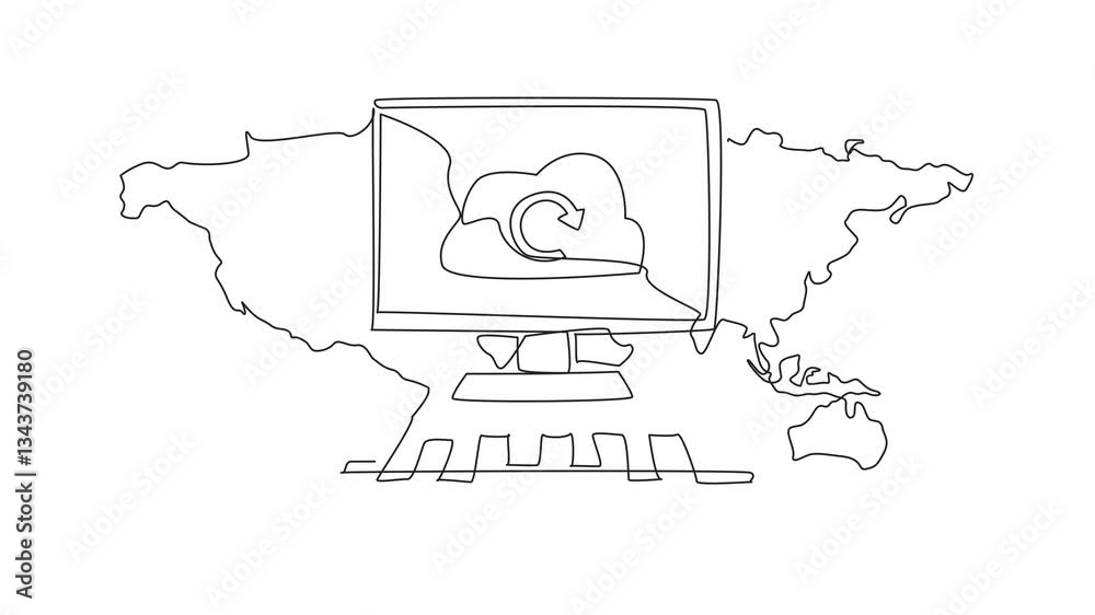 Aufkleber animated self drawing of single continuous line drawing monitor, keyboard with world map background.