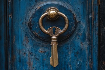Fototapeta premium Detailed view of an antique key hanging from a round door knocker on a weathered blue wooden door