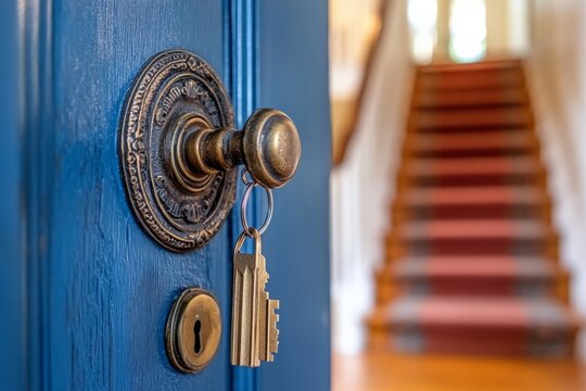 Key in the lock of a blue door with a staircase visible in the background during daylight - Powered by Adobe