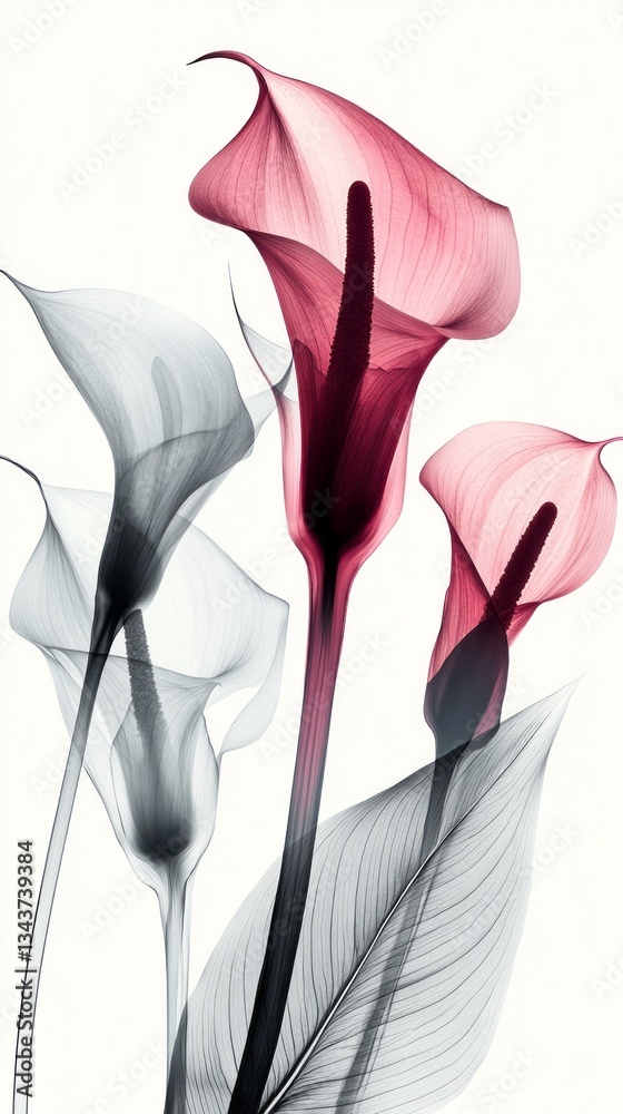 Poster delicate calla lilies display vibrant pink and subtle gray shades, emphasizing elegance and simplici