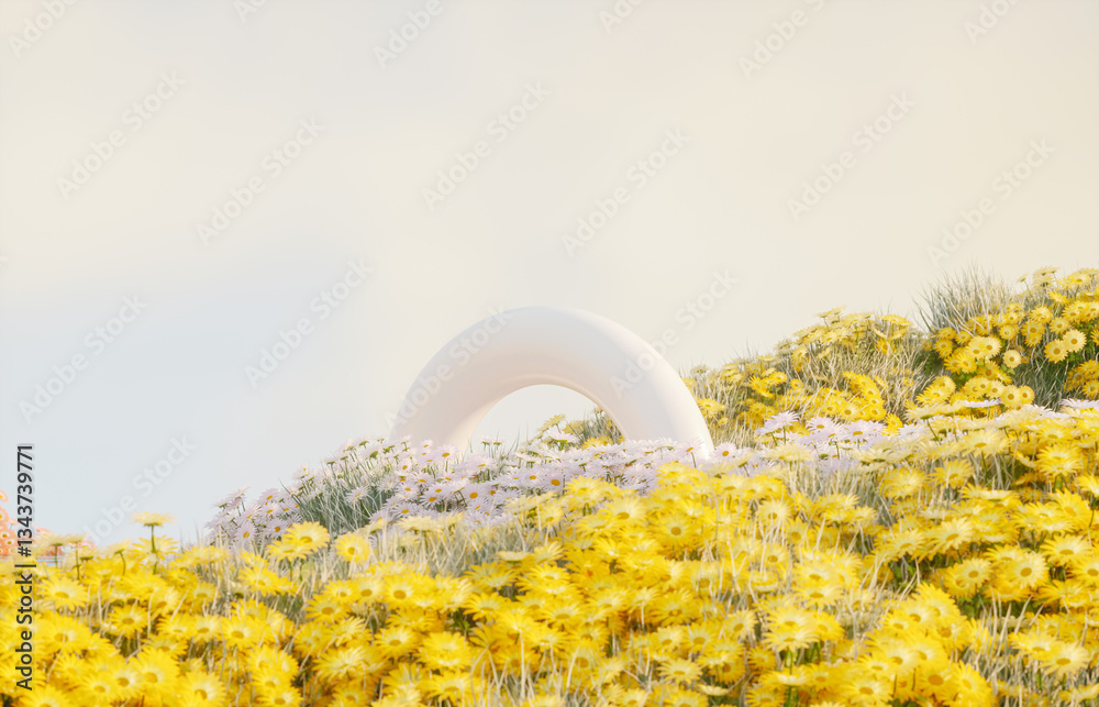 Poster abstract spring flowers landscape scene with white podium. 3d rendering.