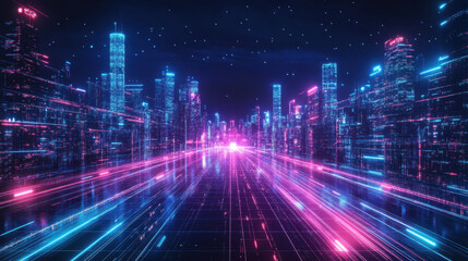 Obraz premium Futuristic Cityscape, Neon Lights and Digital Data Streams