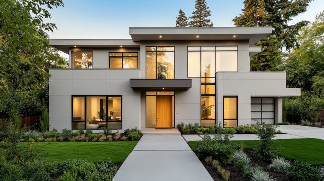 Modern Two-Story Home Exterior Architectural Photography, Evening Light, Landscape Design, 2106 Modern House, Exterior Design