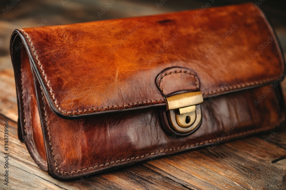 Aufkleber quality handcrafted leather bag displayed on rustic wooden surface with warm lighting during afterno