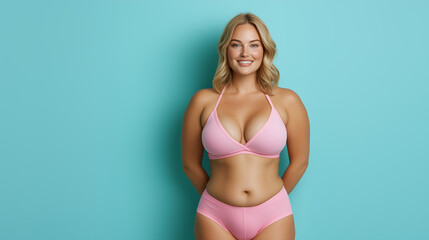 Naklejka premium Blonde woman in pink underwear on a light blue background.