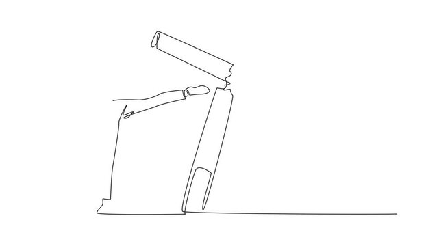 Animation of a single one line drawing woman kicking a big cigarette stick until it breaks. Destroying addictive substances that have no benefits at all. Stop smoking. Quit. Full length motion