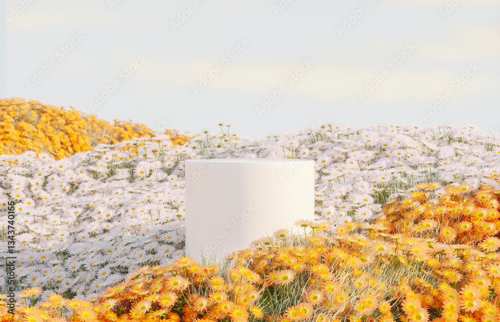 Poster abstract spring flowers landscape scene with white podium. 3d rendering.