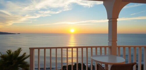 Serene sunrise view from a balcony, overlooking a tranquil sea ,  horizon view, sunrise