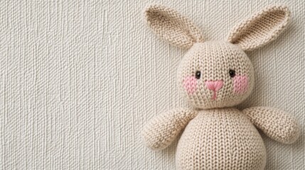 Knitted Bunny on Textured Background Close-up, Beige Toy, Easter Concept, Baby, Craft Knitting, amigurumi