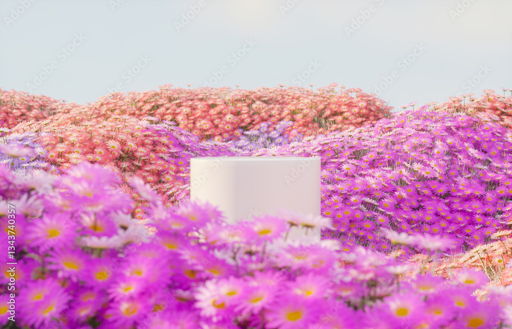 Poster abstract spring flowers landscape scene with white podium. 3d rendering.