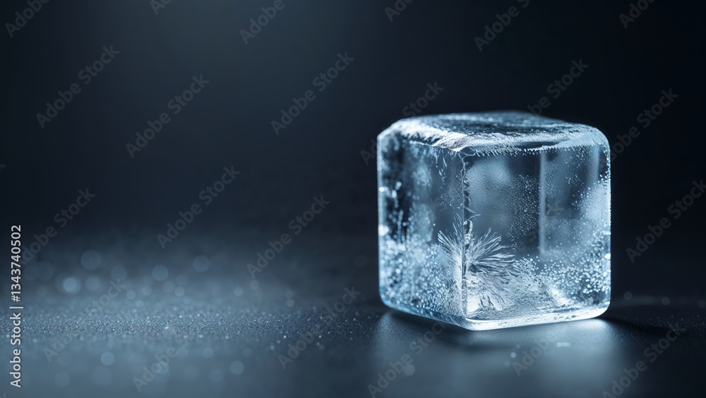 Poster clear ice cube resting on a dark surface with bubbles and frost details illuminated by soft light
