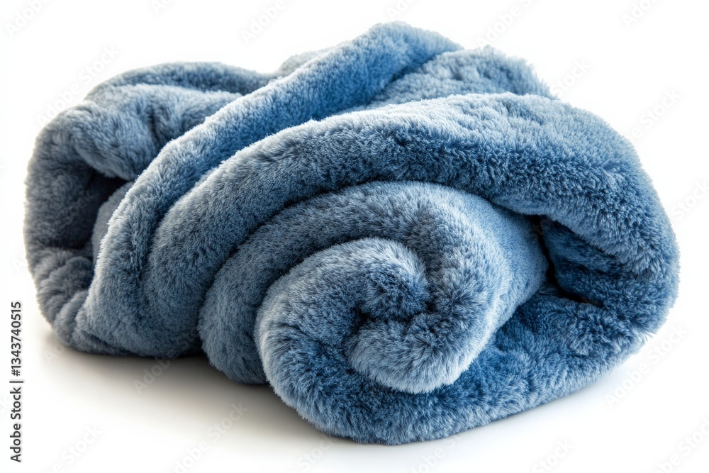 Poster soft blue blanket rolls into a cozy curl on a white surface, perfect for warmth and comfort during c