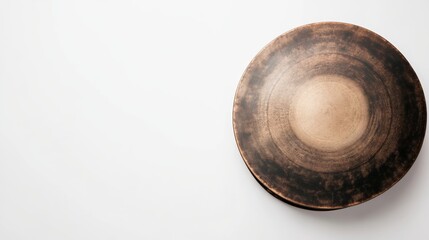 High-Angle Close-Up of Circular Dark Brown Plate on White Background, Minimalist Composition, Ceramic Texture, Plate Design Plate photography, Tableware
