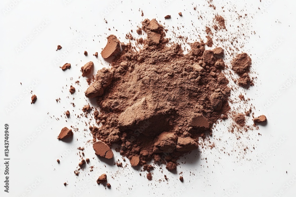Poster cocoa powder scattered on a clean white surface, highlighting its rich color and texture in a bright