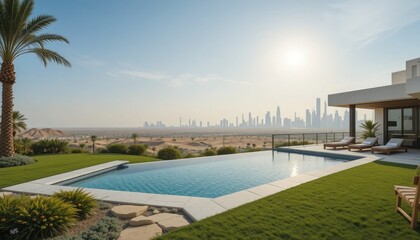 Modern-style property in Dubai with a large garden, private pool, and breathtaking views of the desert horizon or the Dubai skyline