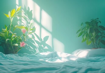 Obraz premium Sunlight Shadows on Green Bedroom Plants and Bedding