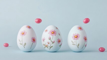 Floral Easter Eggs Three Pastel Eggs with Pink Flowers, Minimalist Composition, Spring Concept Easter, Spring Decor