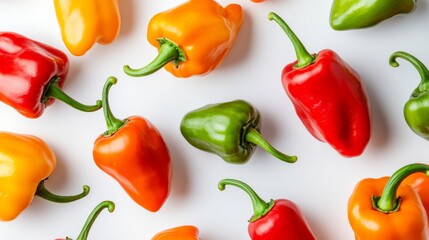 Flatlay Colorful Mini Peppers Top View Composition, White Background, Vibrant Produce, Food Photography, Mini Peppers, Food Styling