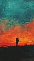 Obraz premium Silhouette figure gazes at fiery orange sunset