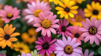 Fototapeta premium Vibrant bouquet of pink, yellow, and orange daisies in a lush garden setting, showcasing natural beauty and diversity