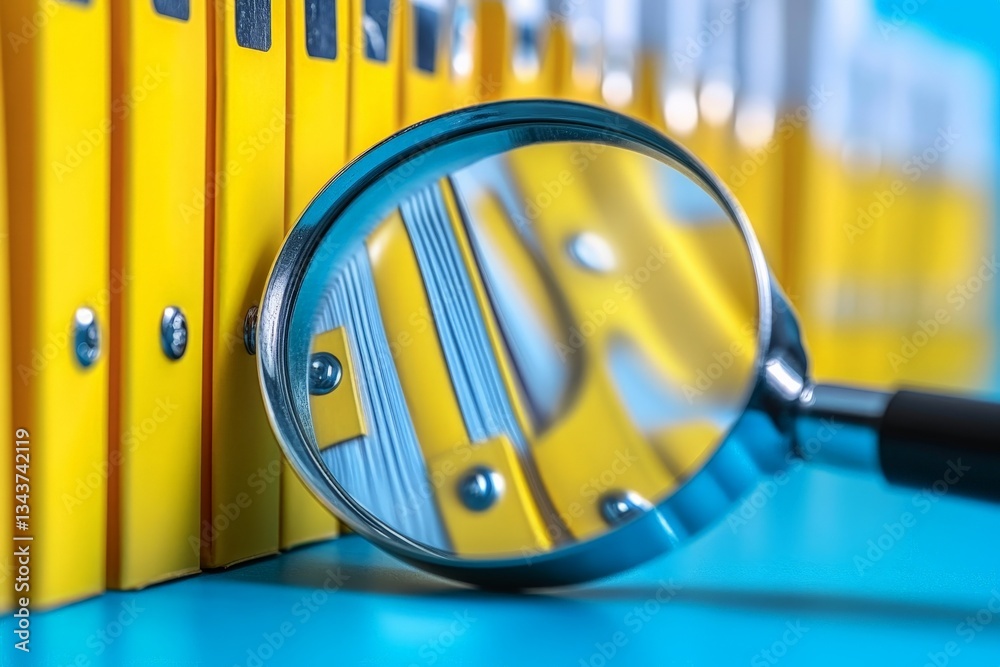 Poster magnifying glass focusing on yellow binders on a blue surface in an office setting during the daytim