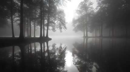 A foggy forest with trees and a lake