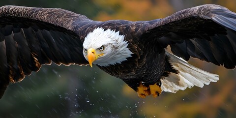 Fototapeta premium Majestic Bald Eagle in Flight with Wings Spread Wide Over Water
