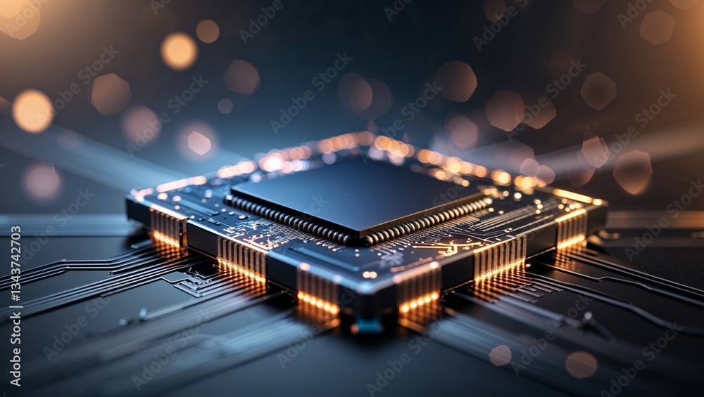 Poster close-up view of a modern microprocessor on a circuit board with glowing connections in a dark envir