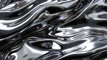 A shiny, fluid surface with rippling metallic textures, reflecting light and creating dynamic patterns.