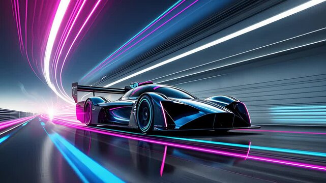 Futuristic Electric Hypercar Racing at High Speed with Neon Light Trails in a Cyberpunk Sci-Fi High-Tech Environment

