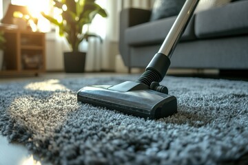 Vacuuming Shag Rug in Modern Living Room During Daytime Generative AI
