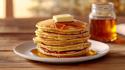 Buttery Maple Syrup Pancakes Stack High-angle Close-up, Food Photography, Breakfast Concept, Pancakes, Syrup, Butter Pancakes, Breakfast