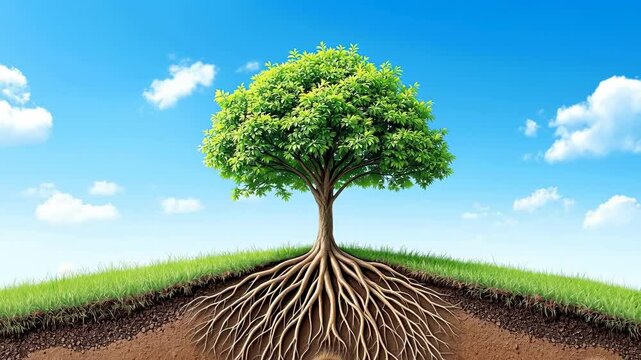 Healthy Tree with Deep Root System in Soil Under Clear Sky Reflects Sustainable Growth and Harmony