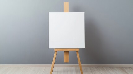 Blank Canvas on Wooden Easel Against Gray Wall, Minimalist Art Mockup, Studio Shot, Art Supplies Mockup, Easel