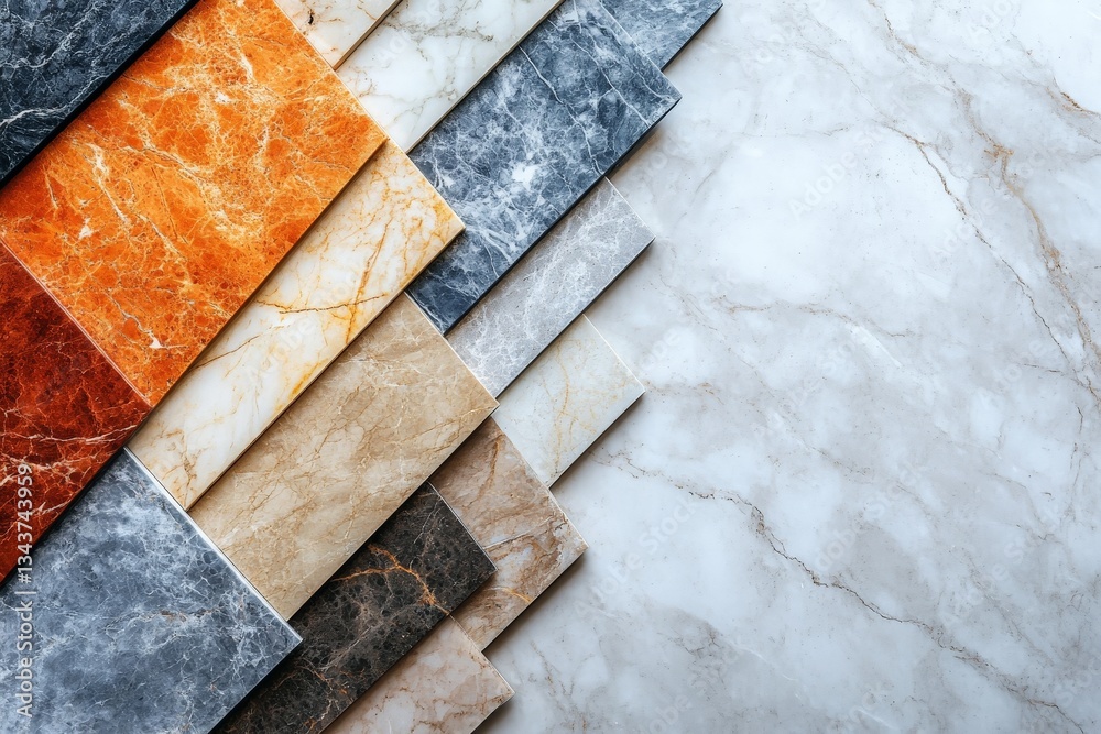 Poster Marble tiles in various colors and textures arranged in an artistic display for interior design inspiration