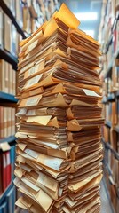Obraz premium A towering stack of aged, yellowed documents and papers sits in a library aisle, bookshelves blurred in the background. The papers appear brittle and worn, suggesting age and historical significance.
