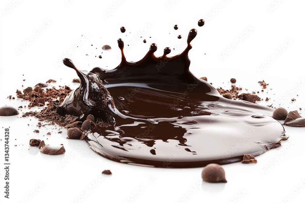 Poster Rich dark chocolate splashes and cocoa powder create an artistic display on a clean white surface