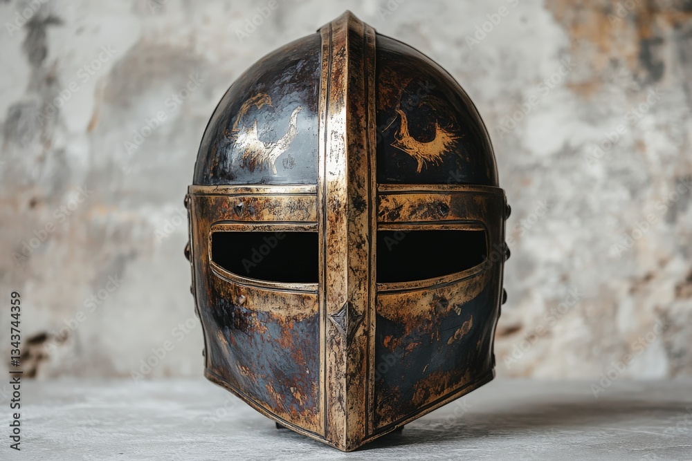 Poster historic medieval helmet displayed on a textured background, symbolizing ancient warfare techniques 