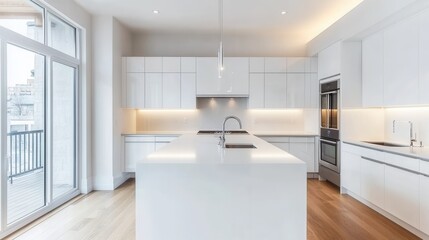 Fototapeta premium Modern Minimalist Kitchen Interior with White Cabinets and Island
