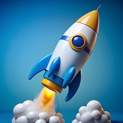 Colorful 3d Rocket Launching Among White Clouds Under Blue Sky
