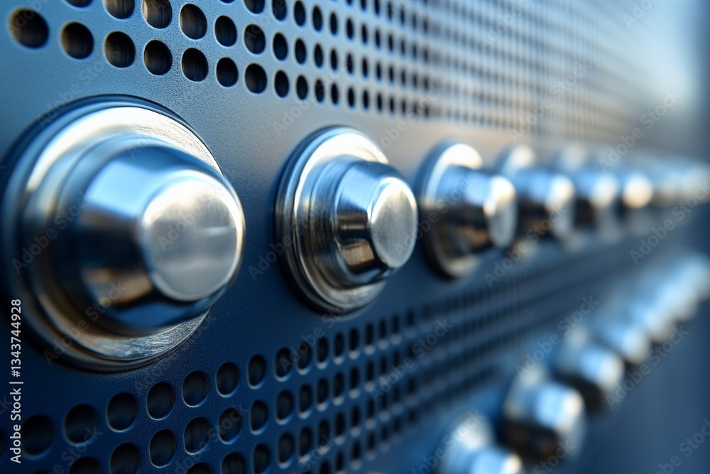 Poster Metallic buttons on a perforated panel showcase modern industrial design features and textures